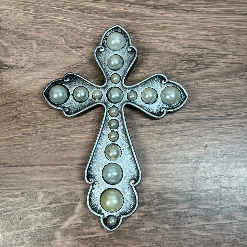 Ornate Wall Cross Resin Silver Tone Faux Pearl Distressed Shabby Chic Decor